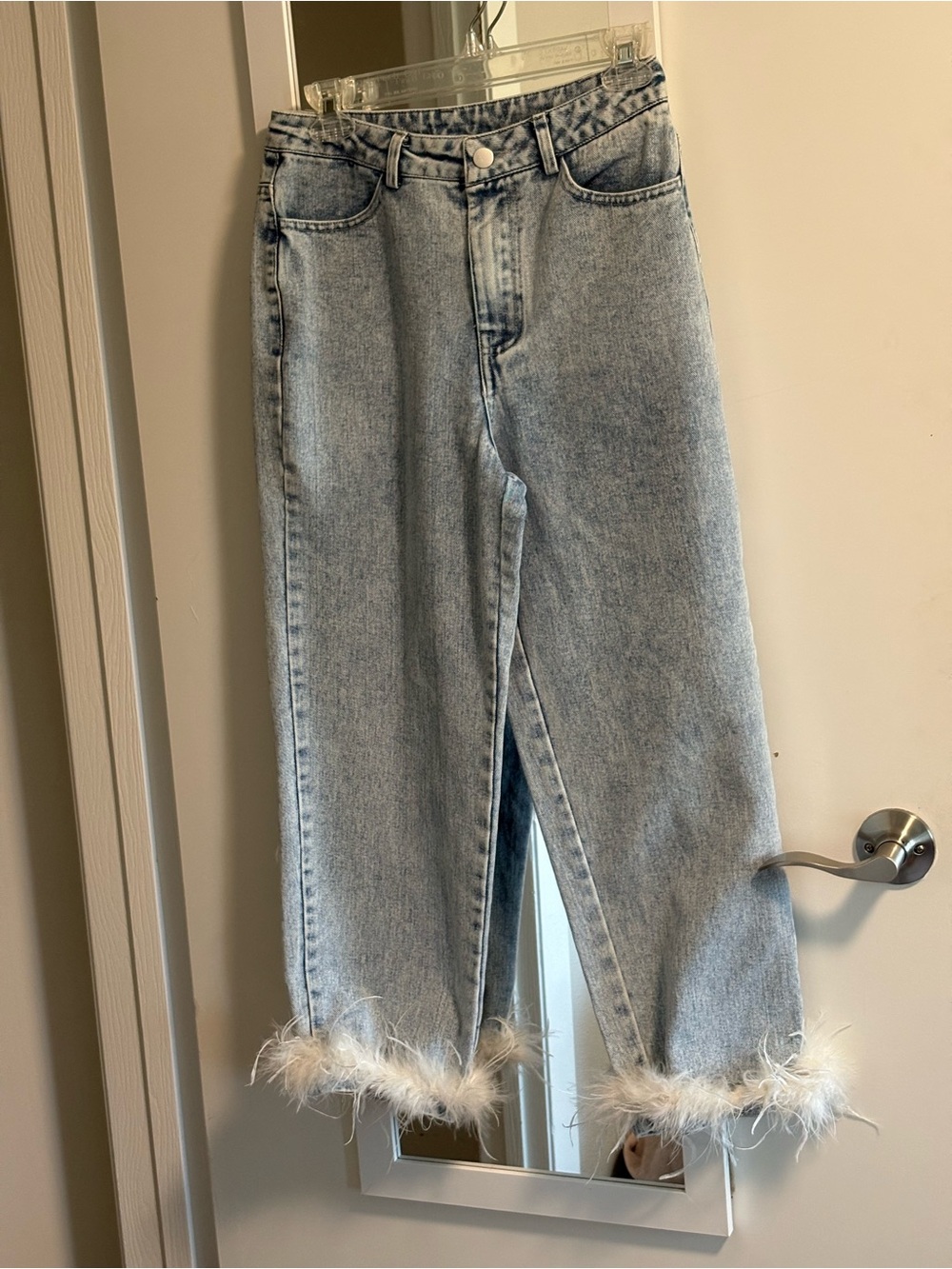 12th Tribe Light Blue Straight-Leg Jeans with Feather Trim